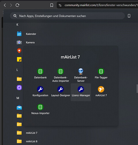 mAirList v7 Lizenz-Manager im Win 11 Startmenü