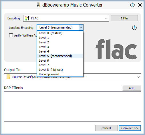 dBpa Music Converter - flac Kompressionsstufen